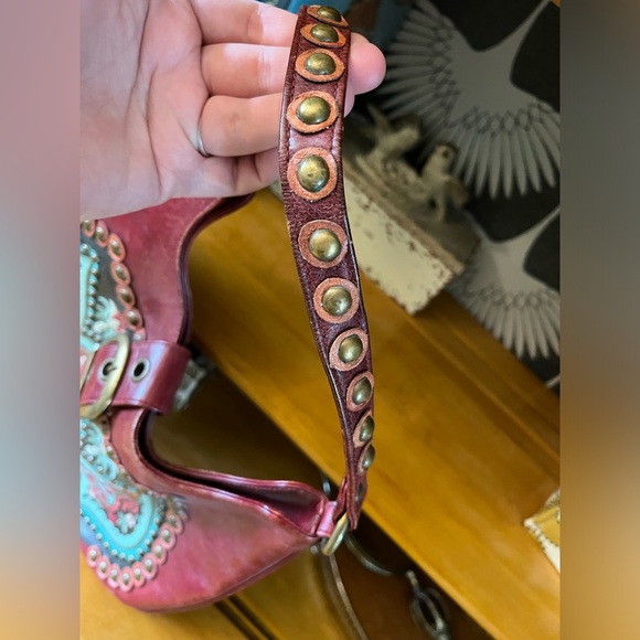 Isabella Fiore Leather Handbag Red Teal Studded Buckle with Magnetic Closure - Picture 5 of 11